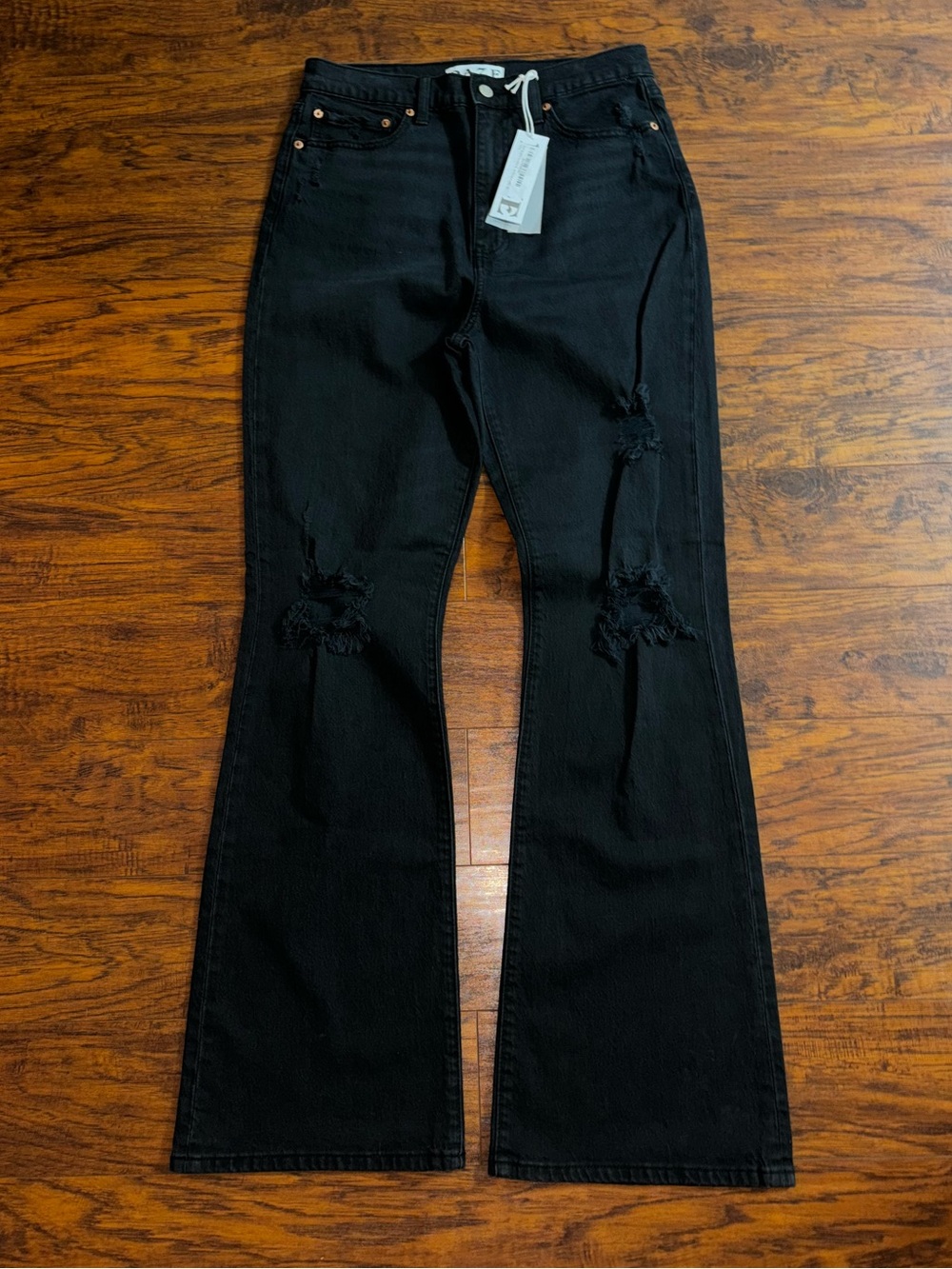 DAZE Denim NWT High-Rise Flare Jeans Go-Getter Black Distressed Rip Knee Bootcut